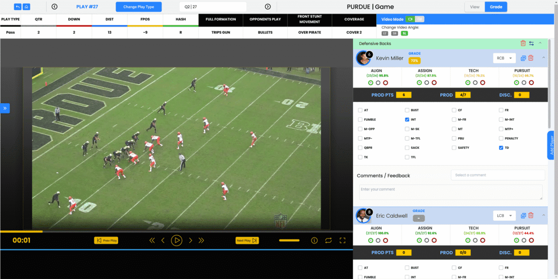 Optimum360 player grading platform interface